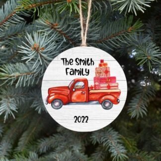 Family Christmas Red Truck ceramic Ornament