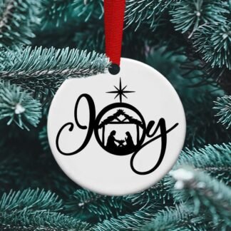 Joy Nativity, black and white, Mary, Joseph and baby Jesus, Silent Night, Nativity ornament, Sublimation, Personalized ornament