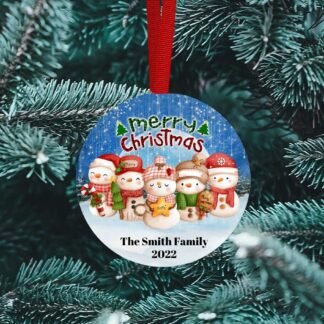 Snowman family ornament, personalized ceramic ornament