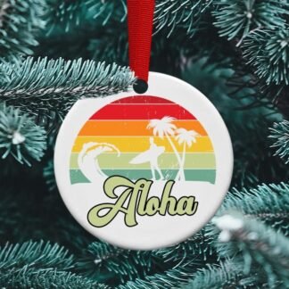 Aloha, Hawaii vacation retro ornament, personalized ceramic ornament