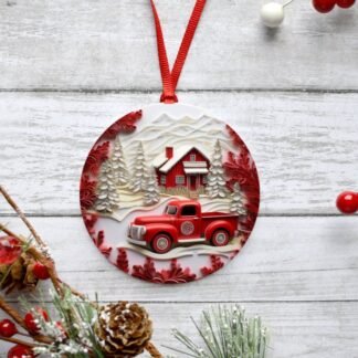 3D Red Truck Winter Scene, Sublimation Christmas Ornament, personalized Ornament