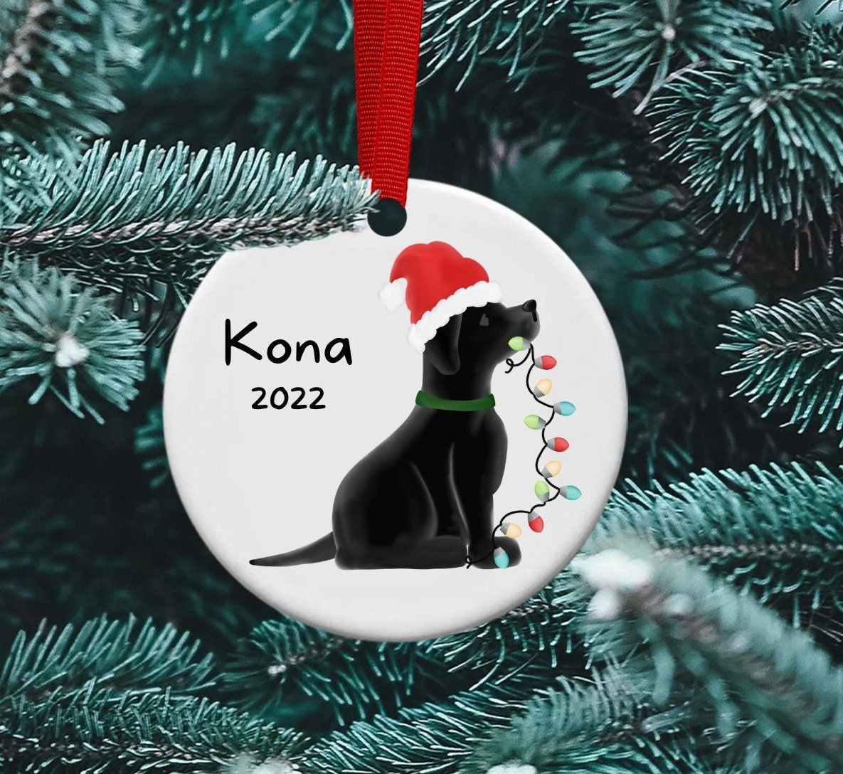 Black Labrador ornament, Christmas Lights, Santa dog, Dog ornament, Personalized Ornament, Dog sitter, Dog walker, Vet gift