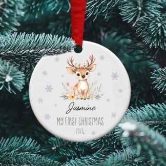 Baby's First Christmas Deer, Baby Girl gift, Personalized Ceramic Ornament