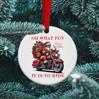 Merry Christmas Santa, Oh what fun it is to Ride, Santa Motorcycle, Harley Santa, Indian Motorcycle, Sublimation Ornament, personalized