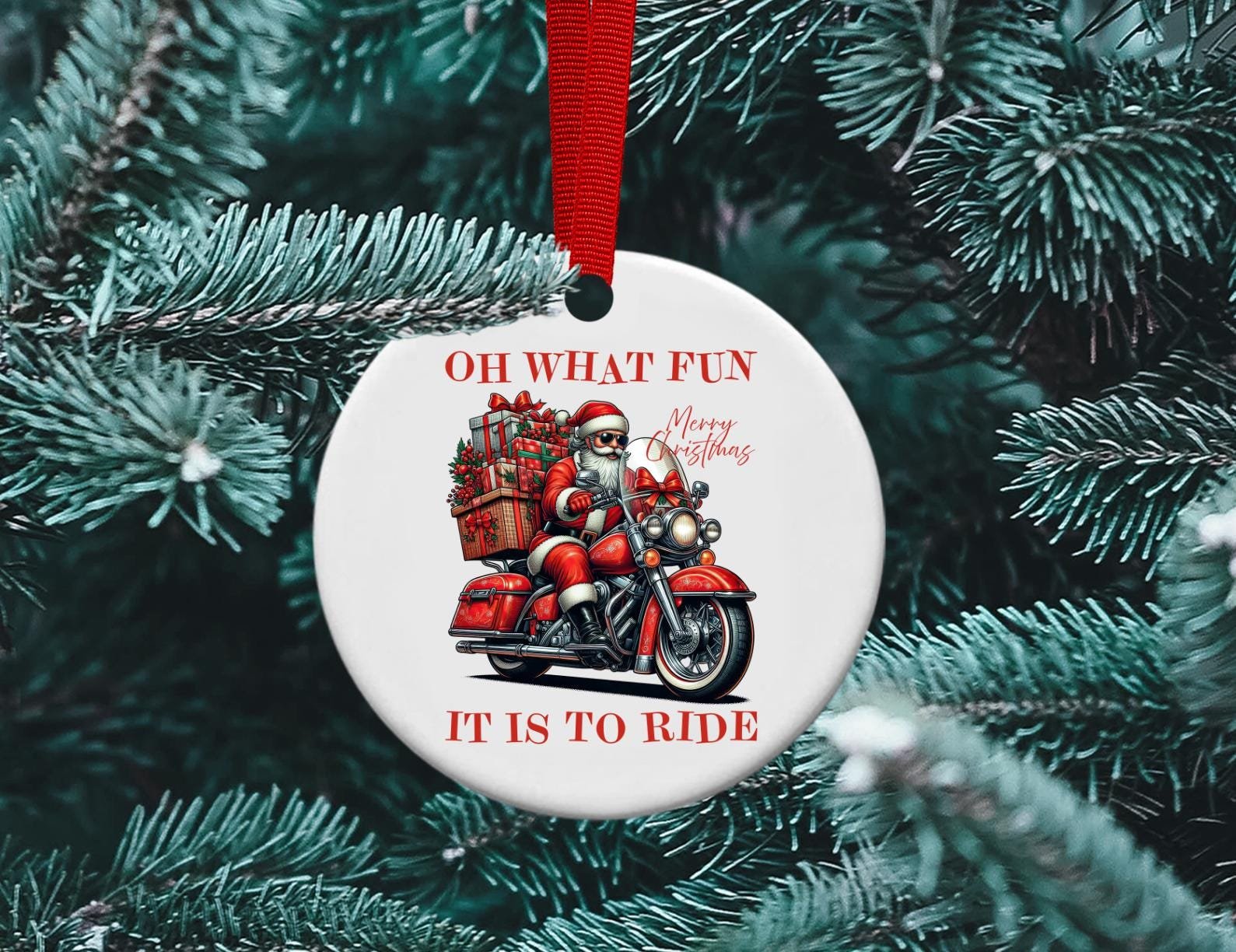 Merry Christmas Santa, Oh what fun it is to Ride, Santa Motorcycle, Harley Santa, Indian Motorcycle, Sublimation Ornament, personalized
